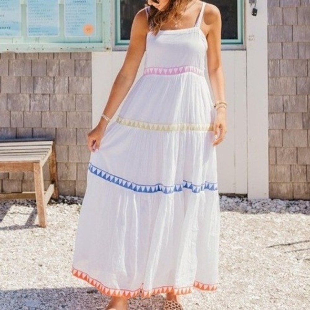 Oliphant Long Tiered Maxi Dress Size Large Boho Feminine Cotton Sleeveless